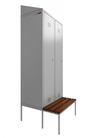 Шкаф двухсекционный для хранения спецодежды, 2150х800х500 мм (с учетом скошенной крыши), со скамьей шир.300 мм.